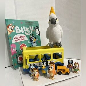 Bluey Bus Book & Bird Kids Toy Bundle! Figurines, Magnet Book, Bus, & Cockatoo